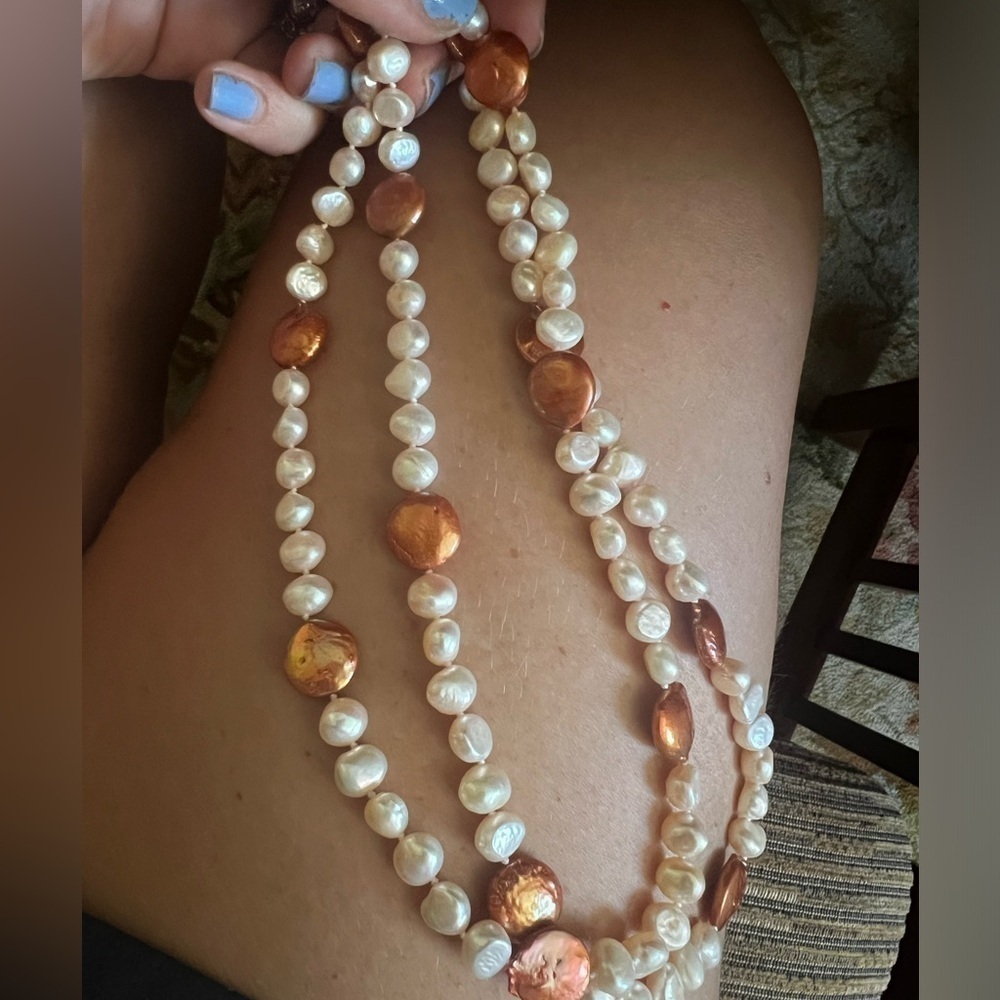 Pearl and copper freshwater look long necklace 18.5 in